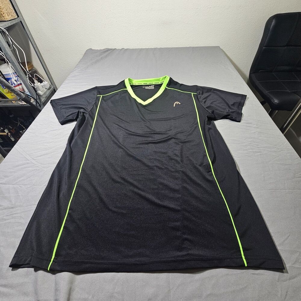 Head Mens Large L Black Neon Green V-Neck Athletic Short Sleeve Tennis Shirt